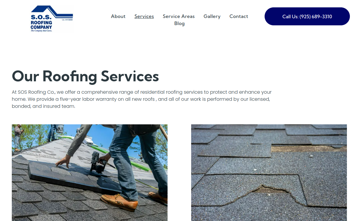 SOS Roofing Company website screenshot