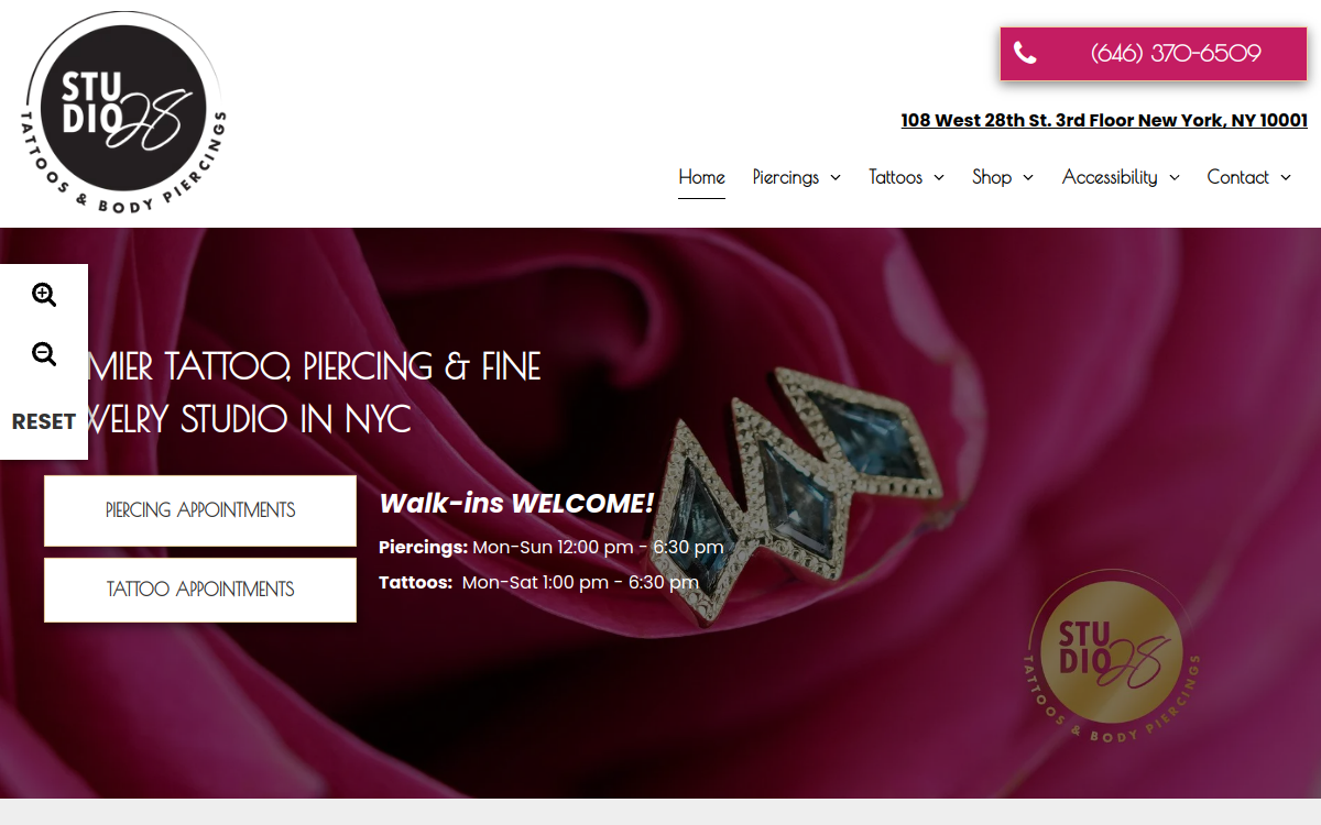 Studio 28 Piercings, Fine Jewelry, and Custom Tattoose website screenshot
