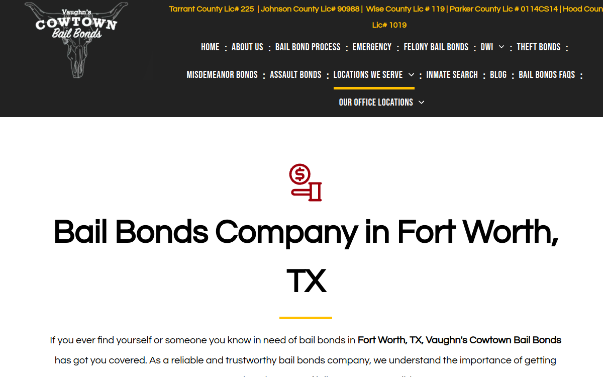 Vaughn's Cowtown Bail Bonds website screenshot