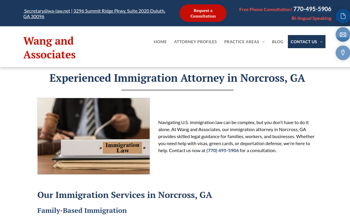 Wang and Associates, P.C. website screenshot