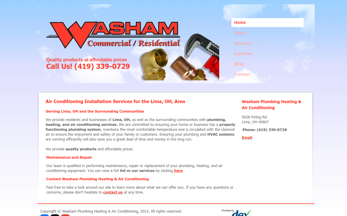 Washam Plumbing Heating & Air Conditioning website screenshot
