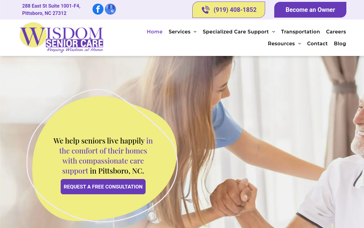Wisdom Senior Care Pittsboro website screenshot