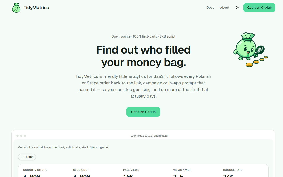 TidyMetrics homepage screengrab