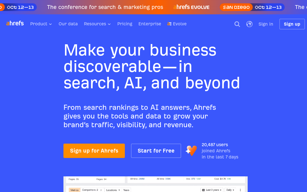 Ahrefs for enterprise backlink tracking and authority homepage screenshot
