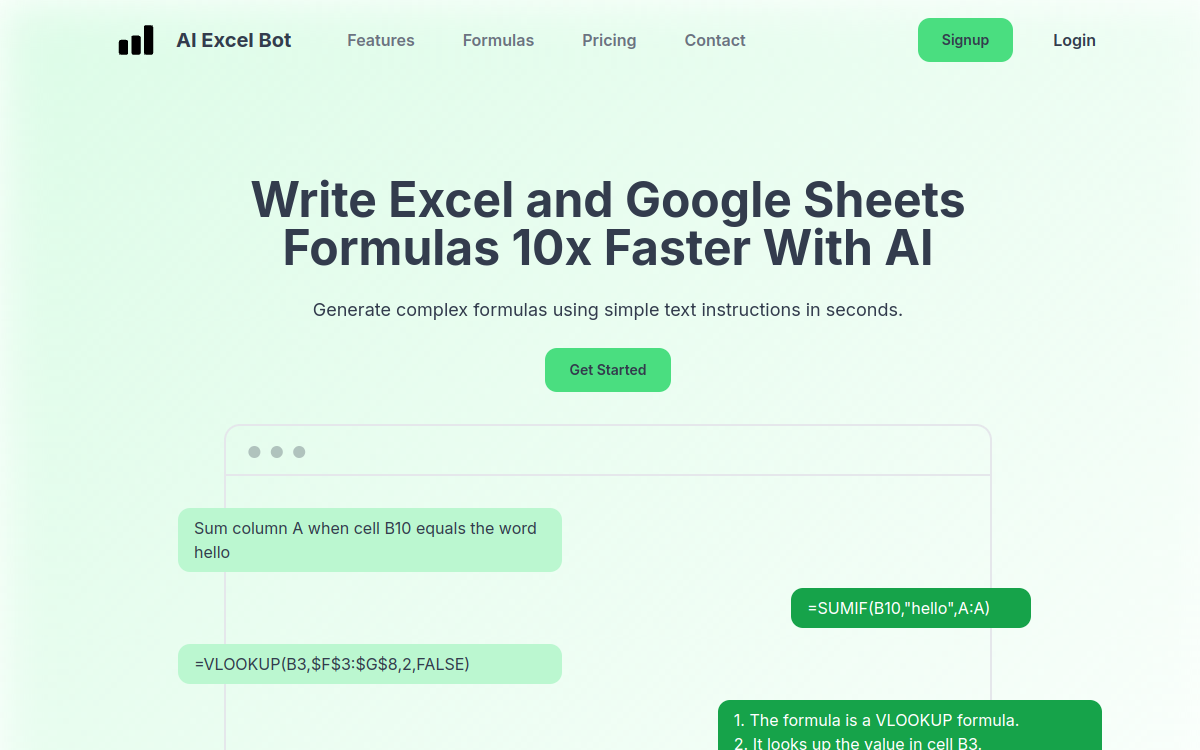 AI Excel Bot website screenshot