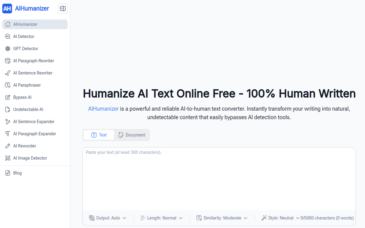 AI Humanizer: Free Humanize AI text Online, Unlimited & No Sign-up website screenshot