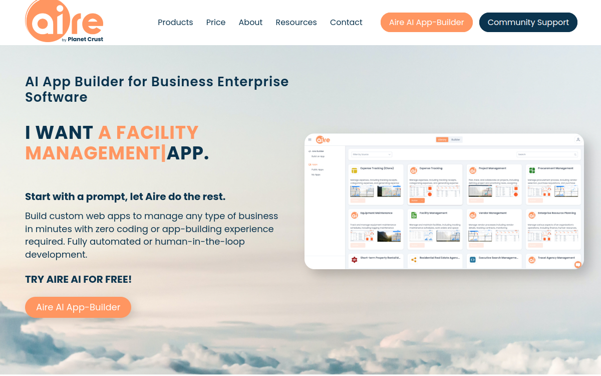 Aire AI App Builder website screenshot