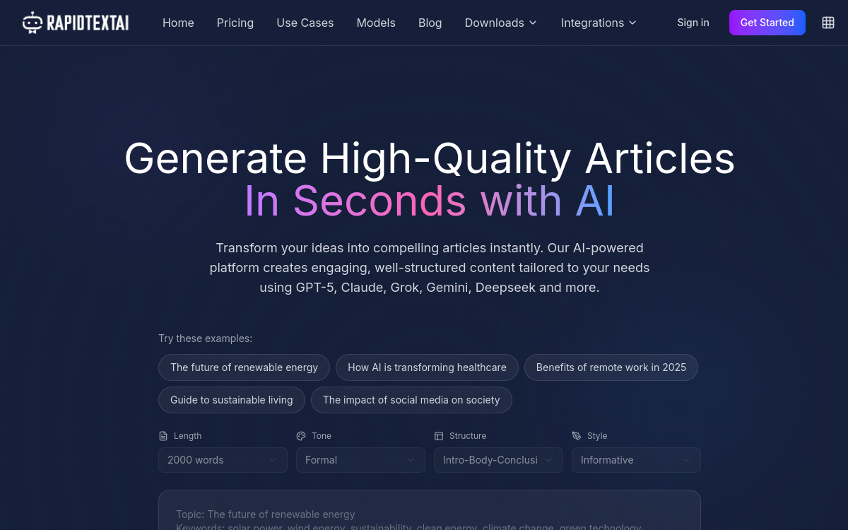 RapidTextAI website screenshot