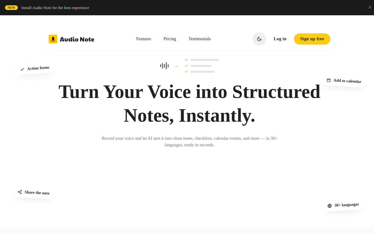 Audio Notes AI website screenshot