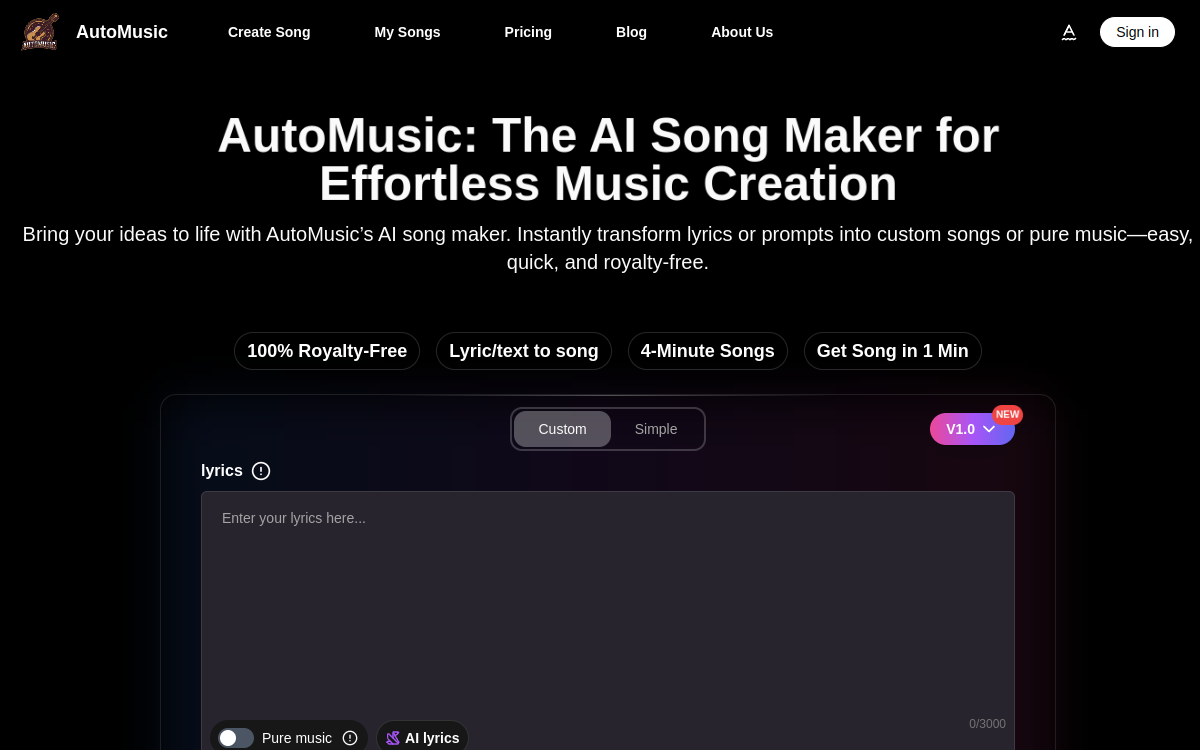 AI Song Maker : Your AI Music Generator | Automusic website screenshot