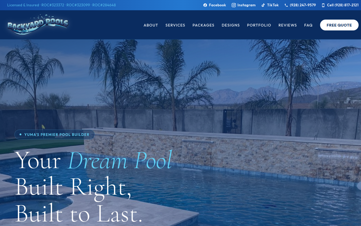 Backyard Pools Yuma website — luxury pool company Yuma Arizona