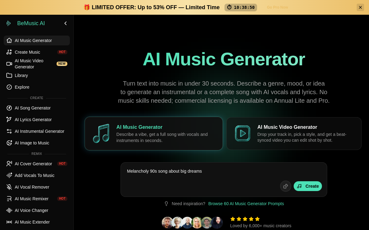 BeMusic AI: AI Music Generator website screenshot