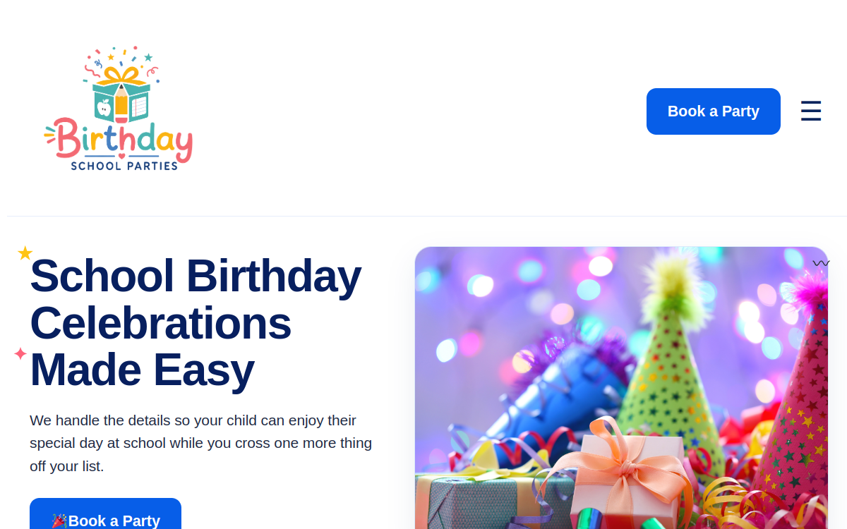 Birthday School Parties website homepage