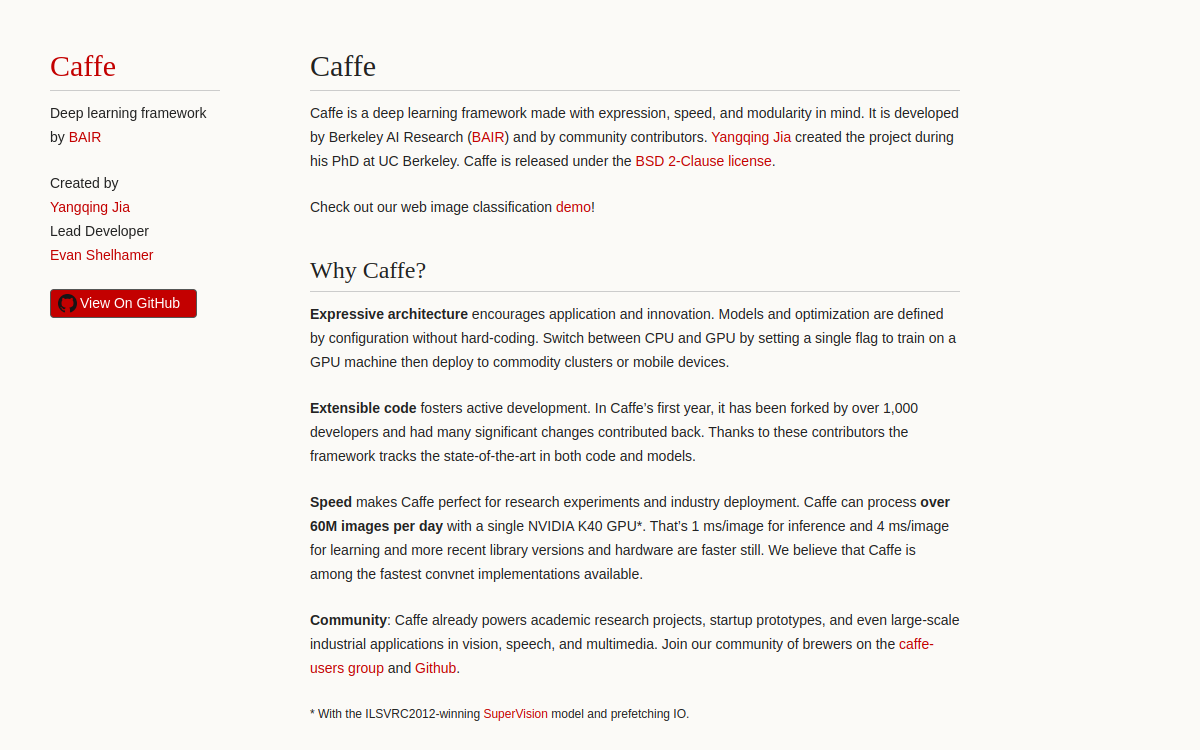 Caffe | Deep Learning Framework 网站预览