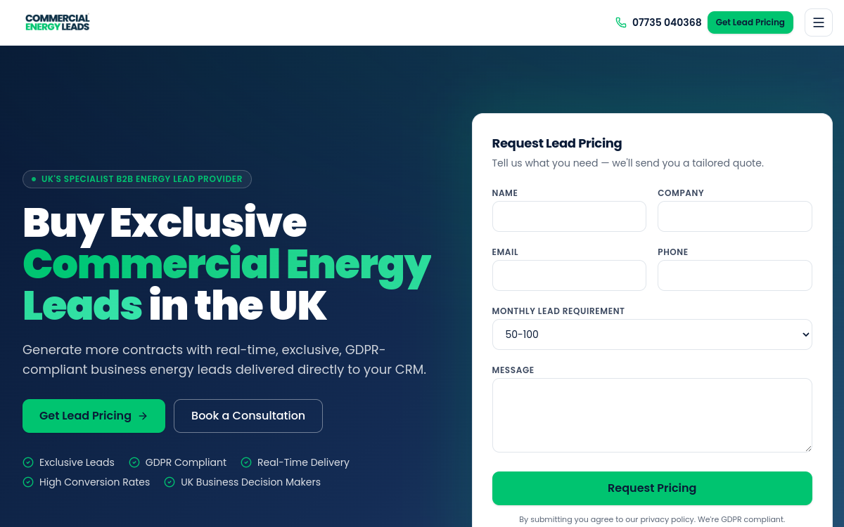 Commercial Energy Leads website screenshot