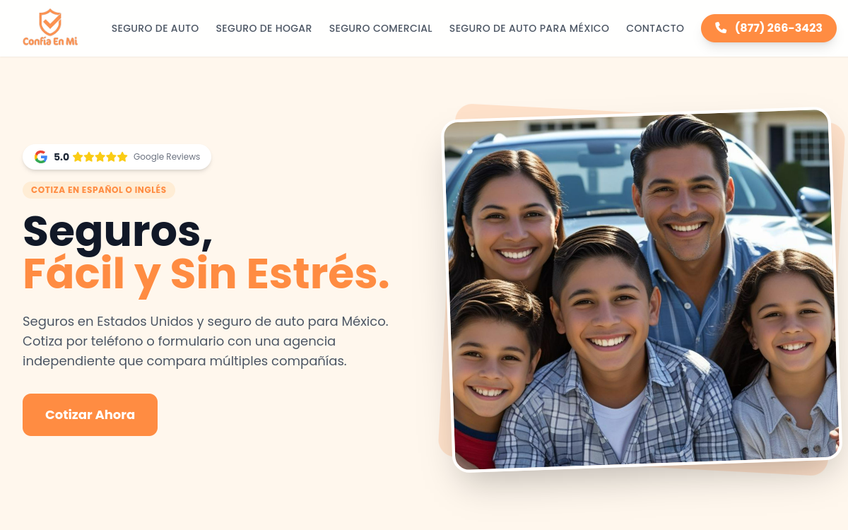 Confía En Mí insurance website — bilingual Arizona insurance agency