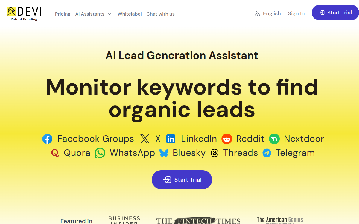 Devi | AI Social Media Leads Monitoring and Outreach Tool website screenshot