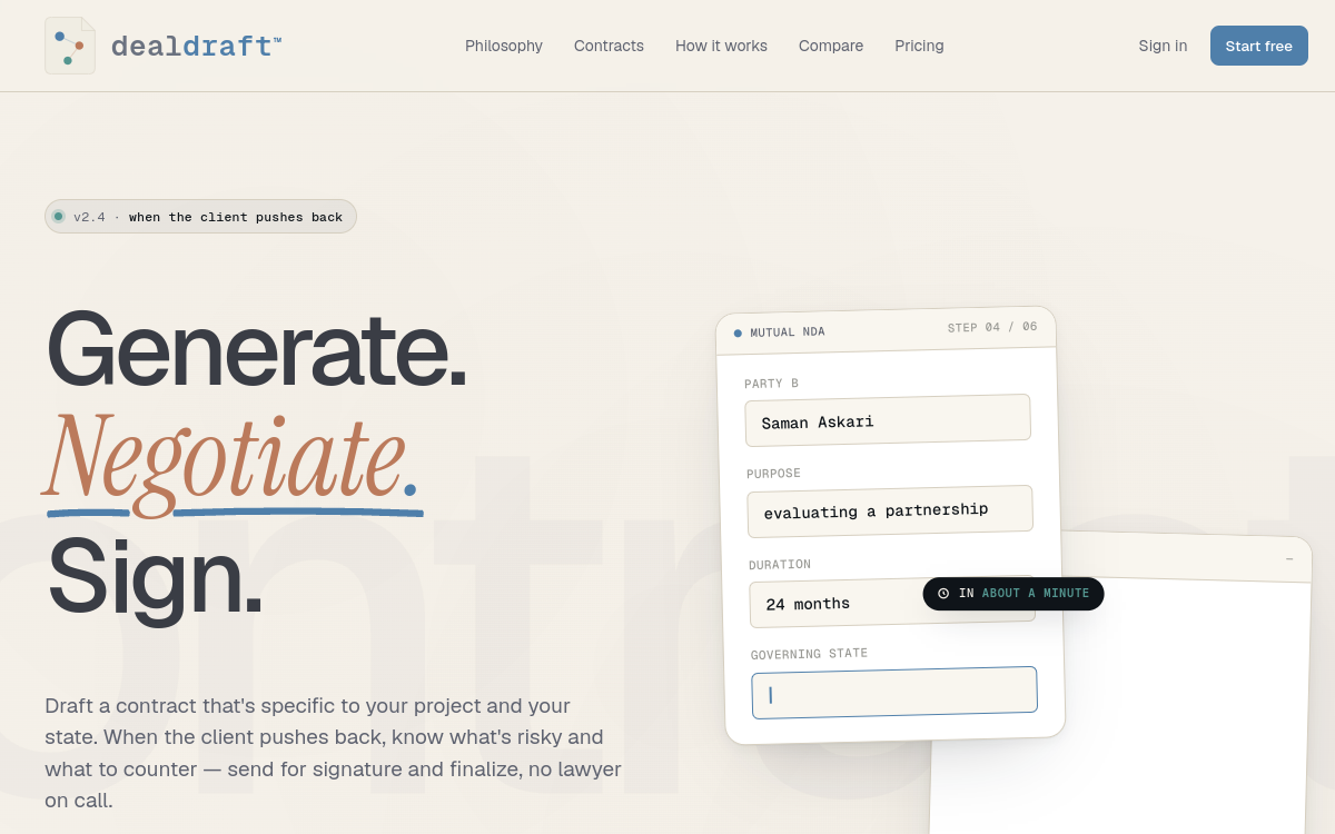 DealDraft AI website screenshot
