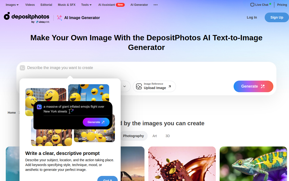 Depositphotos AI image generator website screenshot