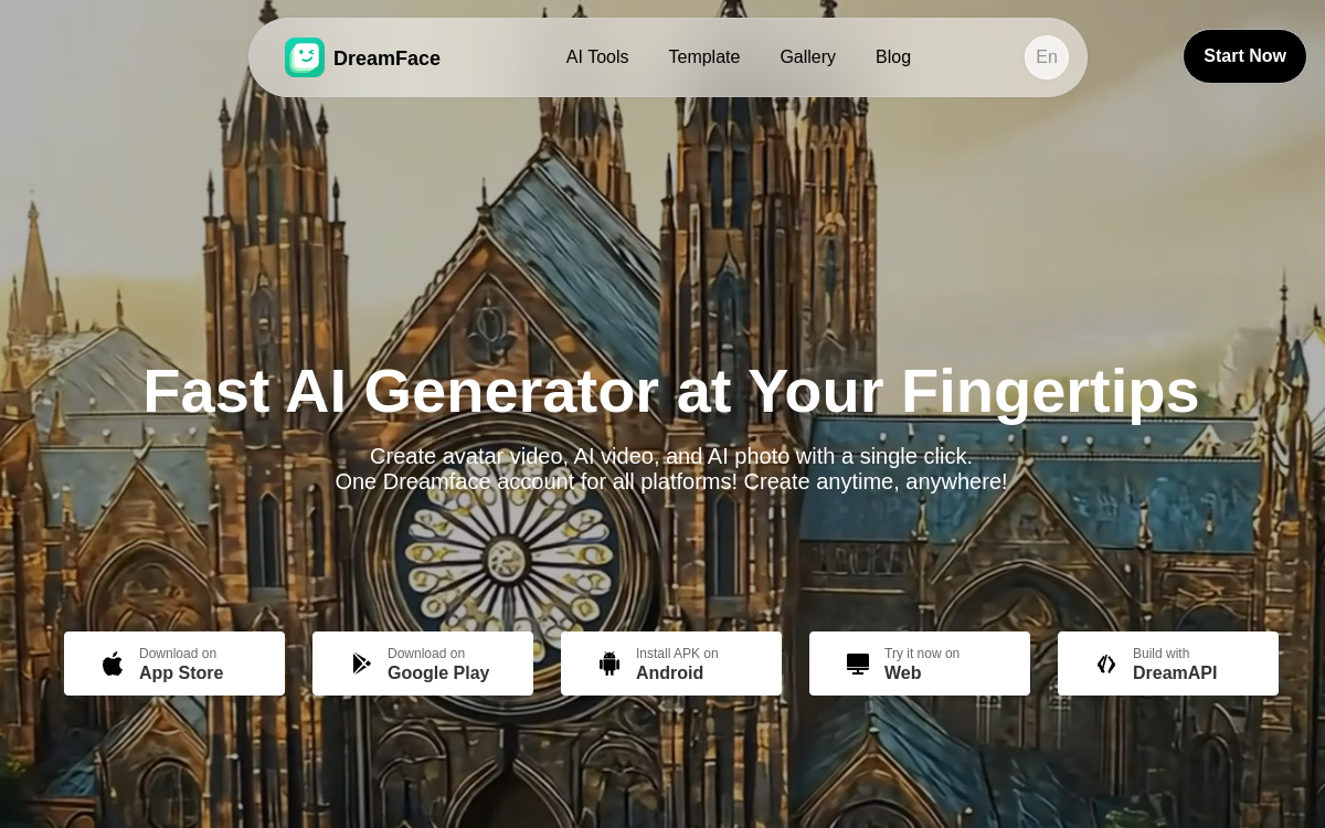 Dreamface - Fast AI Video Generator at Your Fingertips 网站预览