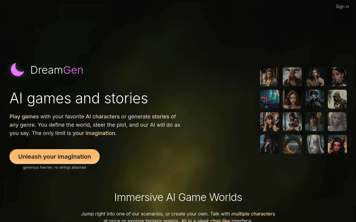 DreamGen: AI role-play & story-writing website screenshot
