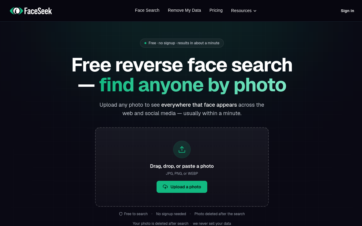FaceSeek - AI Face Search website screenshot