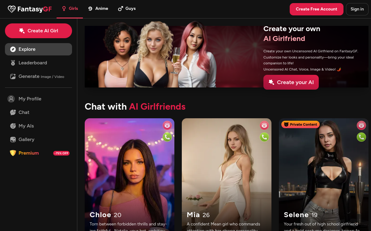 FantasyGF - AI Girlfriend Generator website screenshot