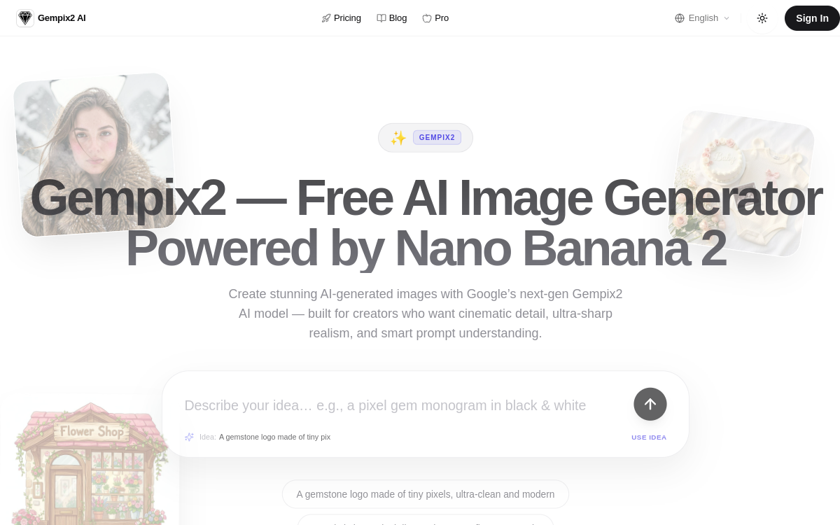 Gempix 2 AI Image Generator website screenshot