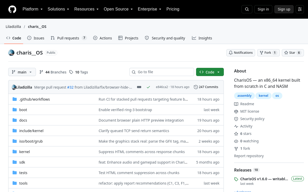 Screenshot of the public CharisOS source repository and project documentation