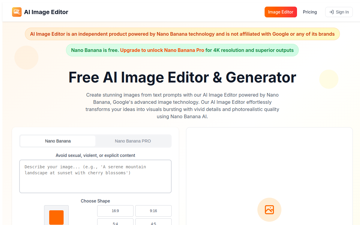 Free AI Image Editor & Generator | Powered by Nano Banana AI website screenshot