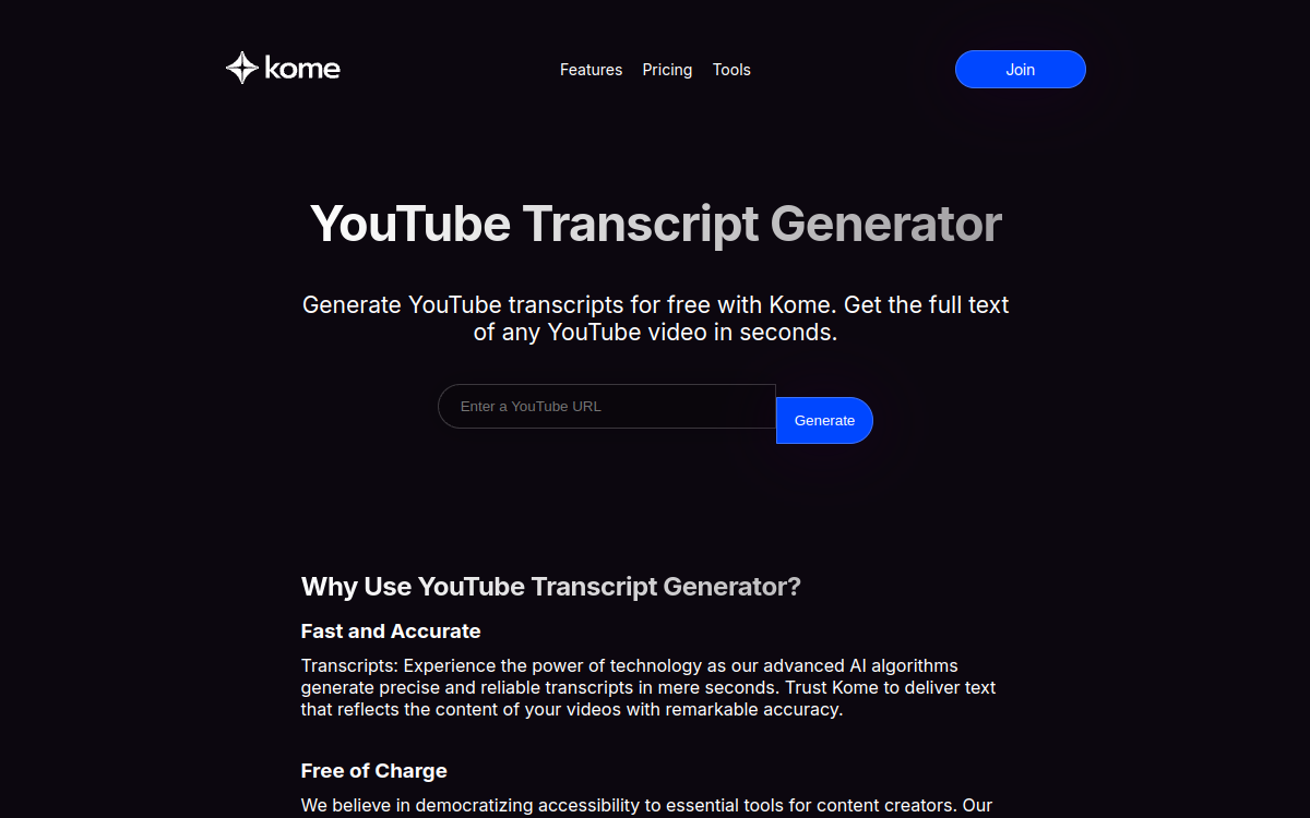 Kome YouTube Transcript Generator screenshot
