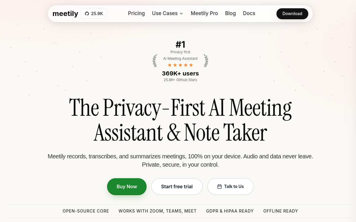 Meetily AI website screenshot