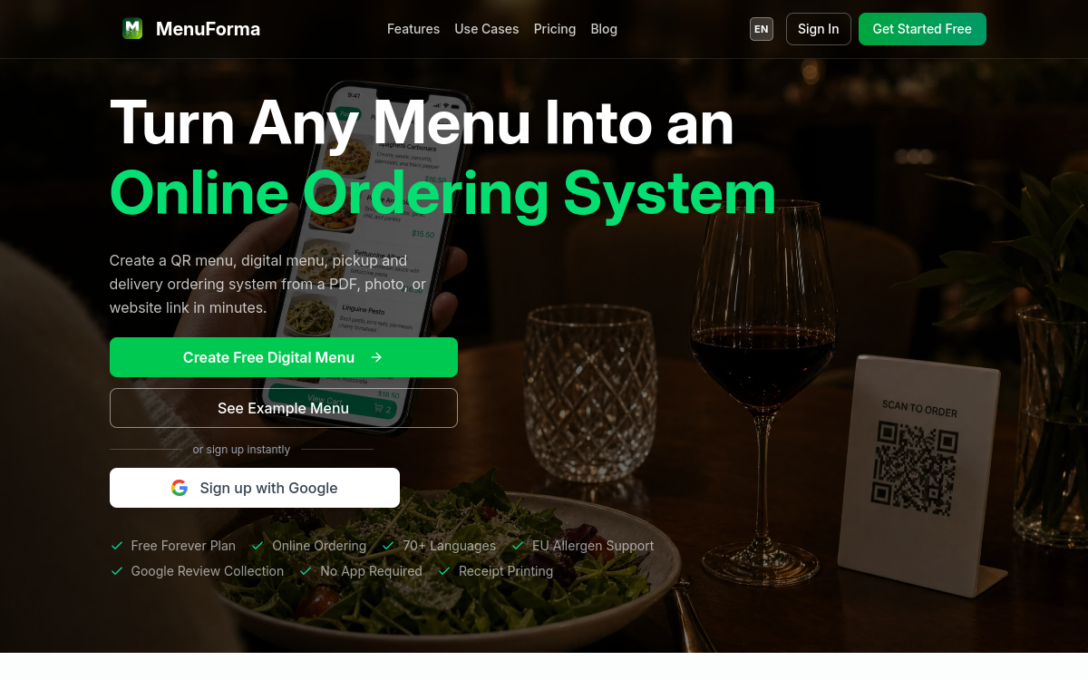 MenuForma website screenshot