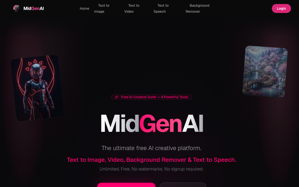 MidGenAI Free Text To Image website screenshot