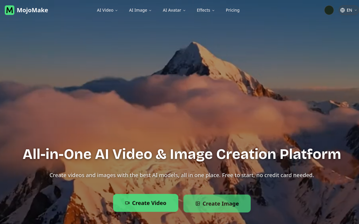 MojoMake All-in-One AI Video & Image Creation Platform website screenshot