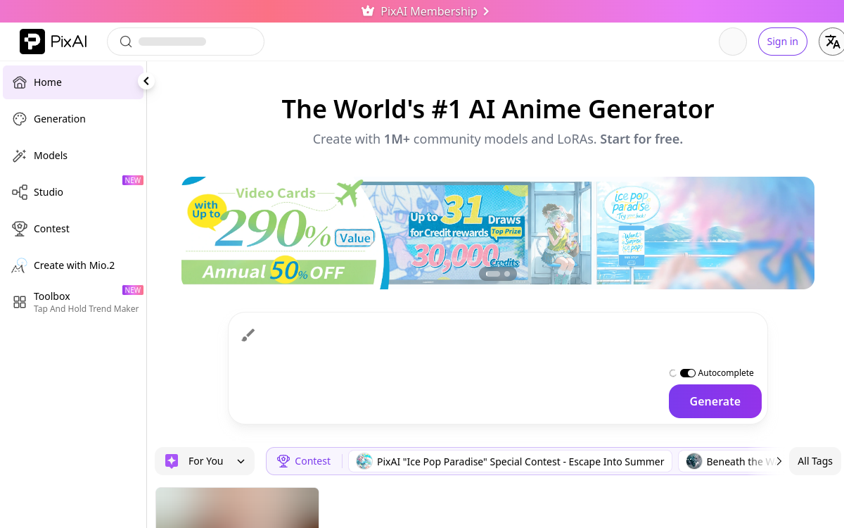 PixAI - AI Art Generator website screenshot