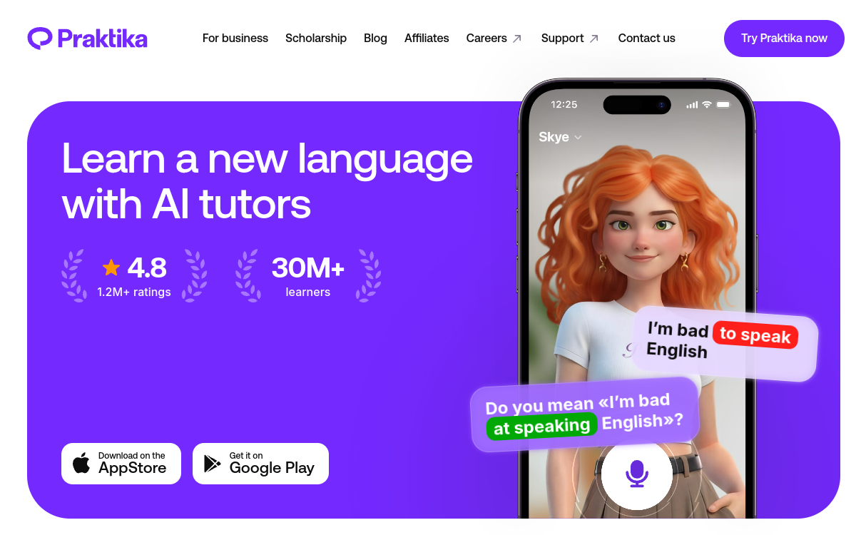 ChatGPT English Praktika App website screenshot