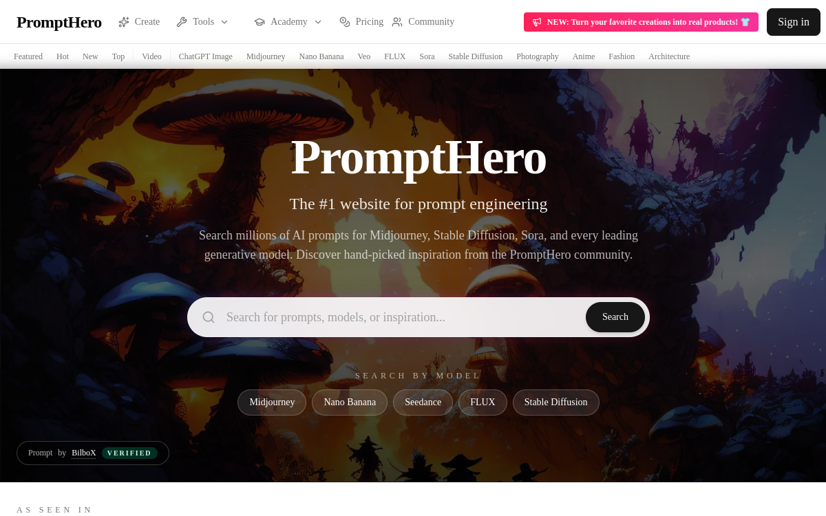 Search Prompts for AI Image & Video Generation | PromptHero 网站预览