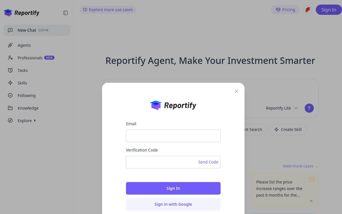 Reportify - AI Platform for Investment Research 网站预览