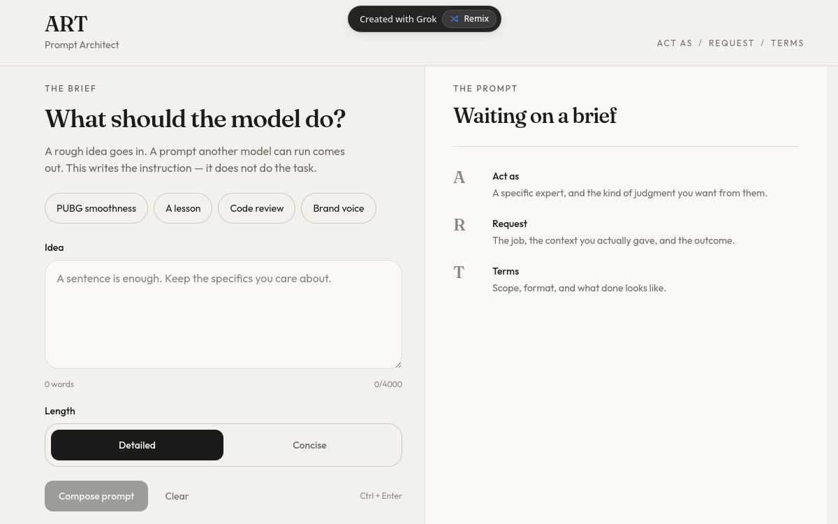 Screenshot of ART Prompt Architect