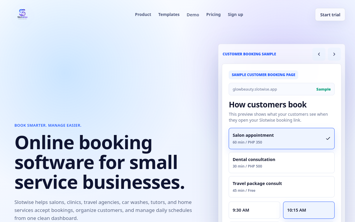 Live preview of the Slotwise booking system
