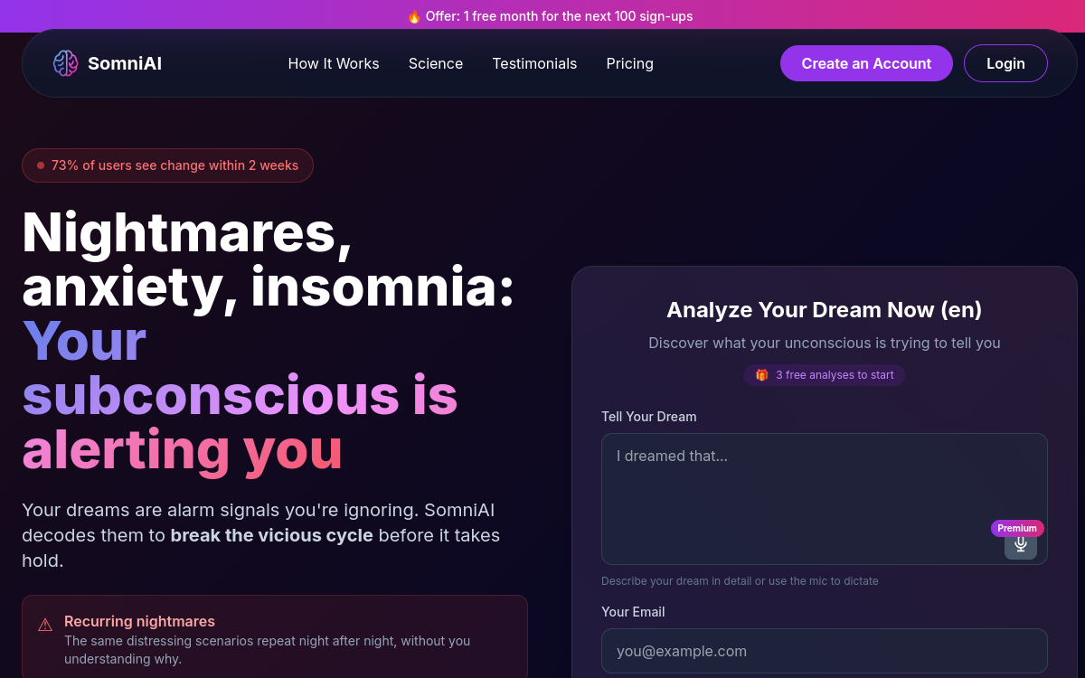 SomniAI : Dream analysis with AI Power website screenshot