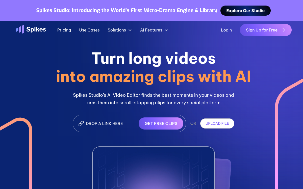 Spikes Studio | Ai clip generator for YouTube Twitch TikTok & Reels 网站预览