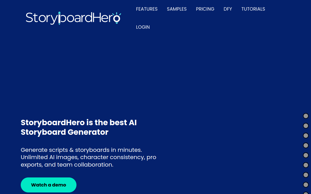 StoryboardHero AI Storyboard Generator website screenshot