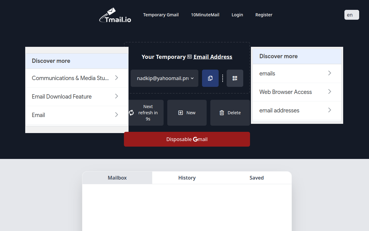 Screenshot preview of tmail.io