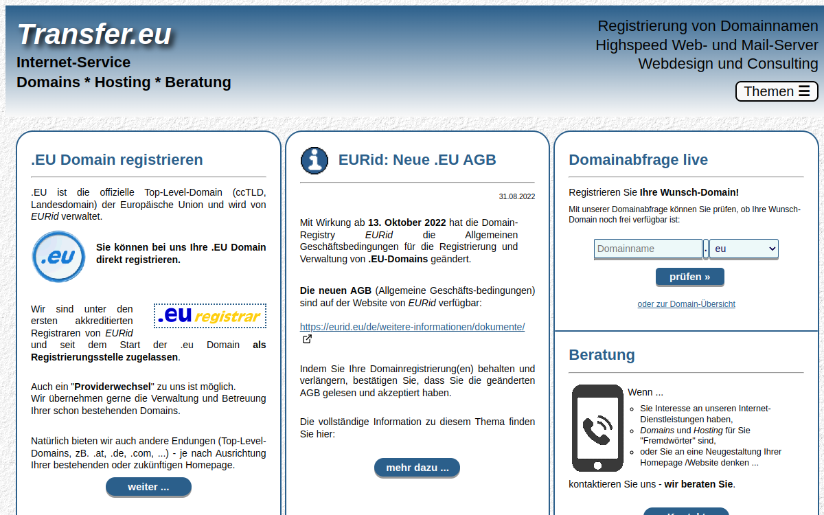 Transfer.eu .EU domain regisztráció és hosting szolgáltató weboldalának kezdőoldala
