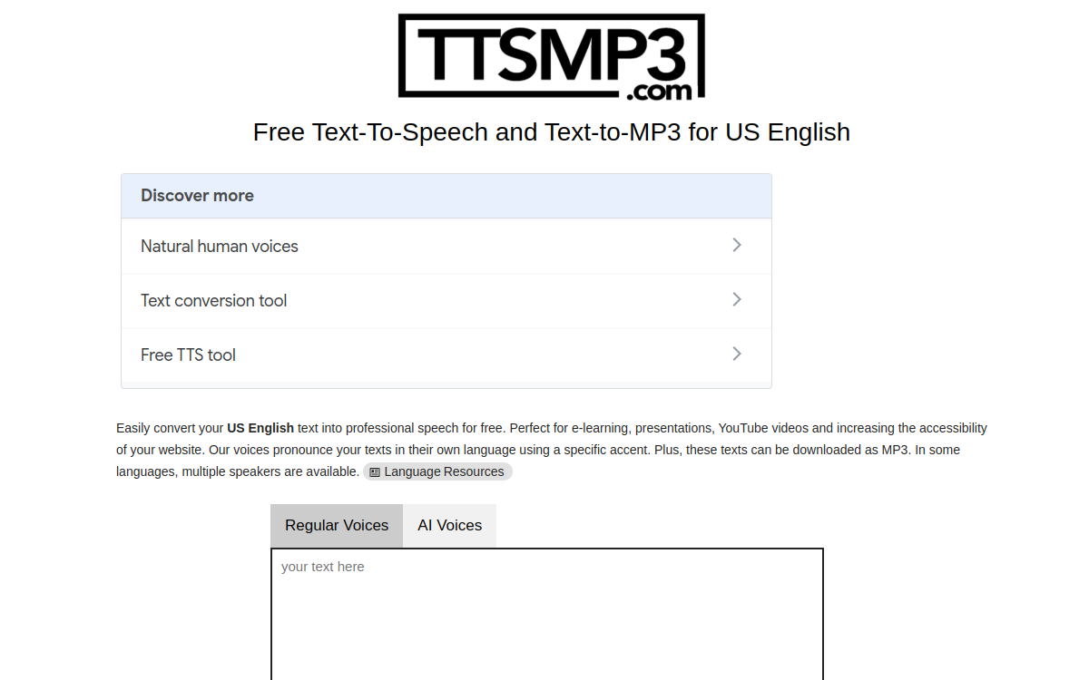 ttsMP3.com website screenshot