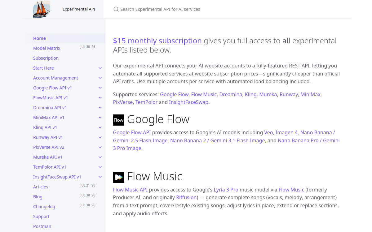 Third-party API for popular AI services website screenshot