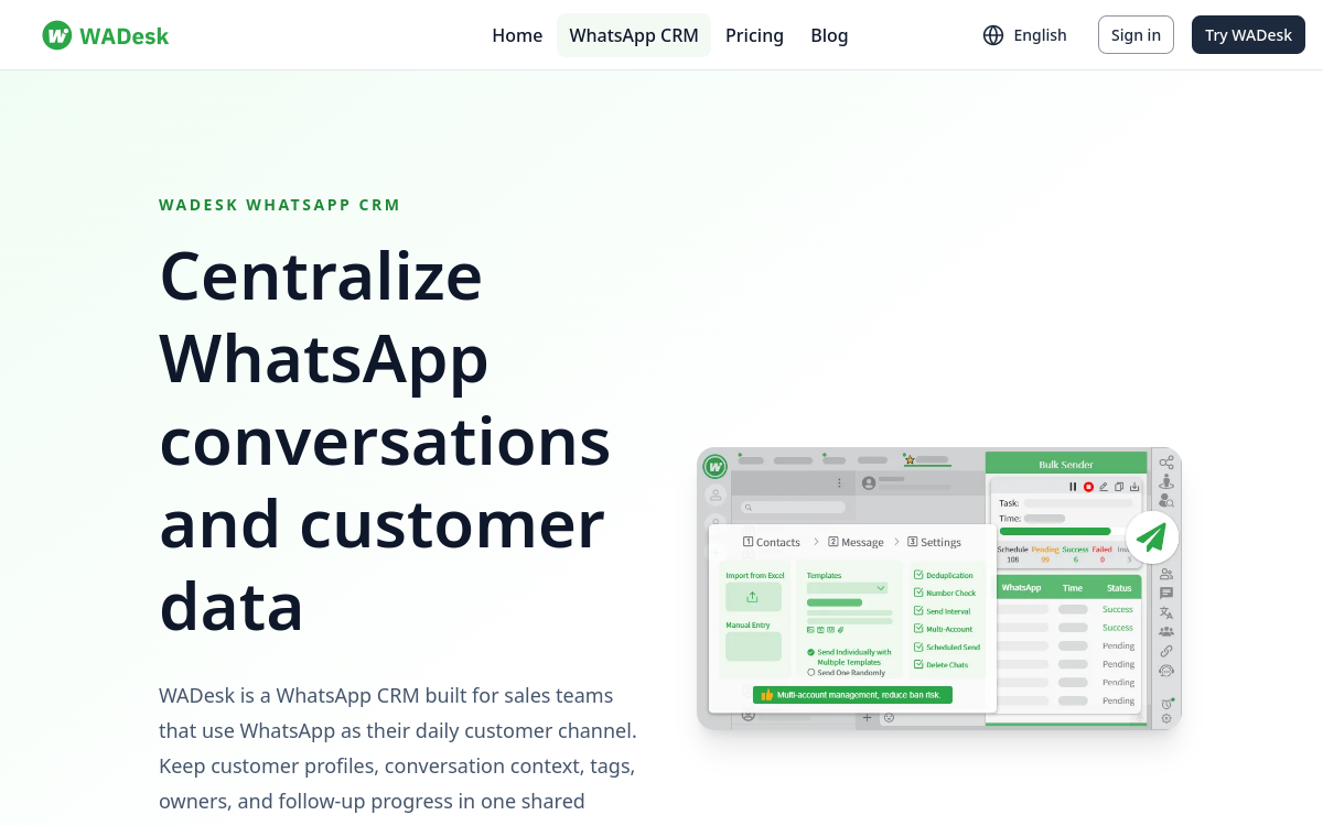 WhatsApp CRM website screenshot