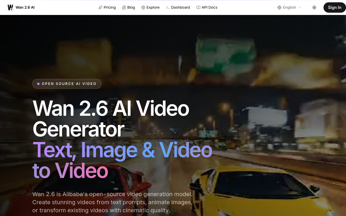 Wan 2.6 AI Video Generator - Text to Video, Image to Video, Video to Video | Wan 2.6 AI website screenshot